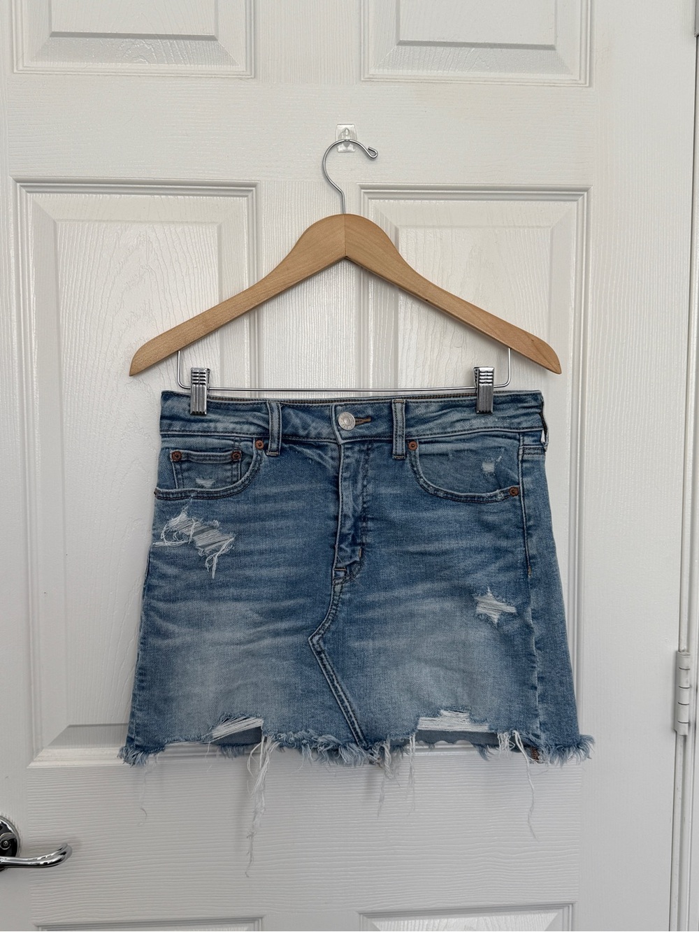 American Eagle Denim Skirt – Distressed Frayed Hem – Size 6